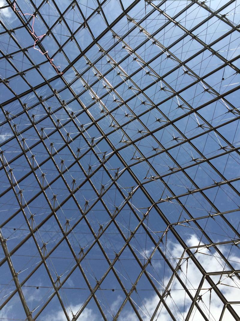 I.M. Pei's Pyramide du Louvre, Looking up toward the sky through the pyramid, The Louvre, exterior, Paris, France