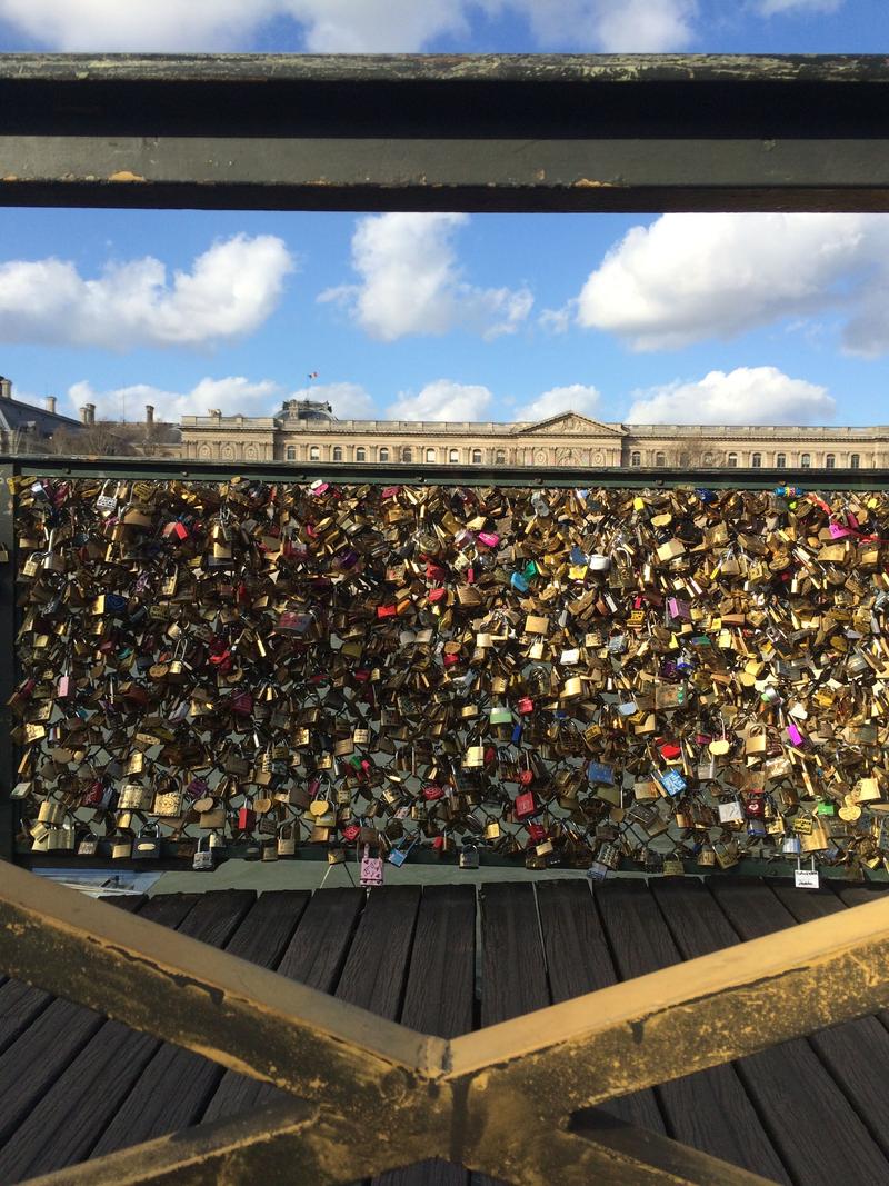 Street views, lock bridge, river Seine, Paris, France