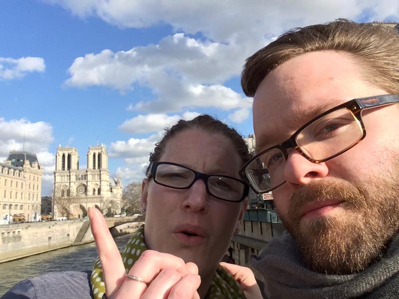 Pointing at Notre Dame, Paris, France