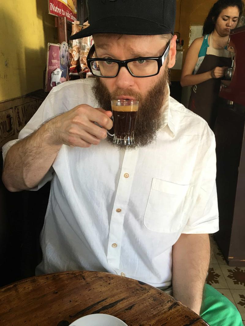 Enjoying espresso at Café Riqueza, Mérida, Yucatán, Mexico