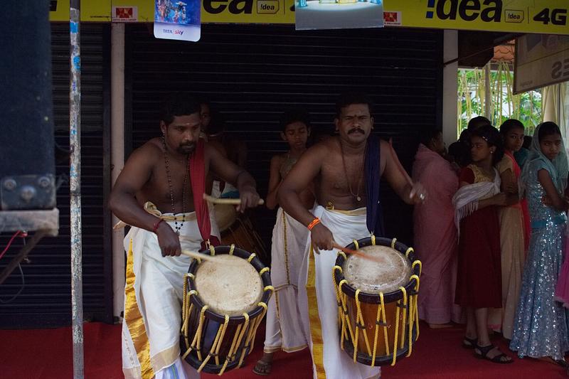 Traditional drummers at a religious festival in Kurumassery, Ernakulam, Kerala, India