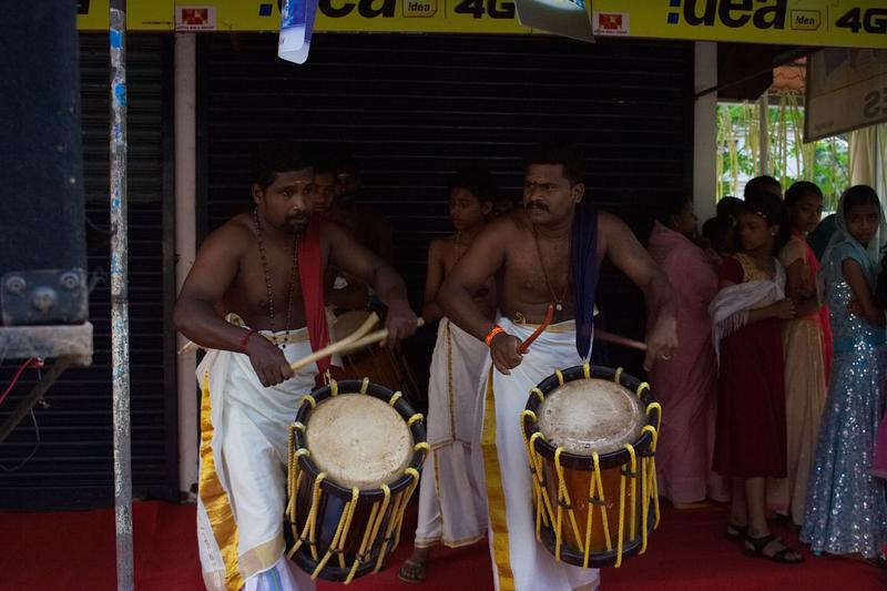 Traditional drummers at a religious festival in Kurumassery, Ernakulam, Kerala, India