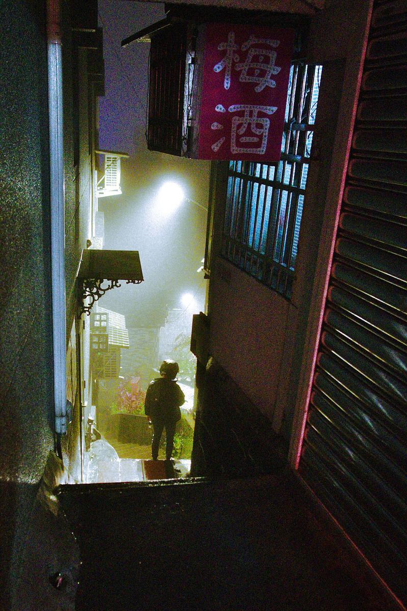 Street views, motorcycle helmet views, Jiufen, Taiwan