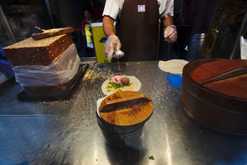 Ice Cream Peanut Wrap (2 scoops of ice cream, shaved peanut, and parsley ) on Cijin Island, Taiwan