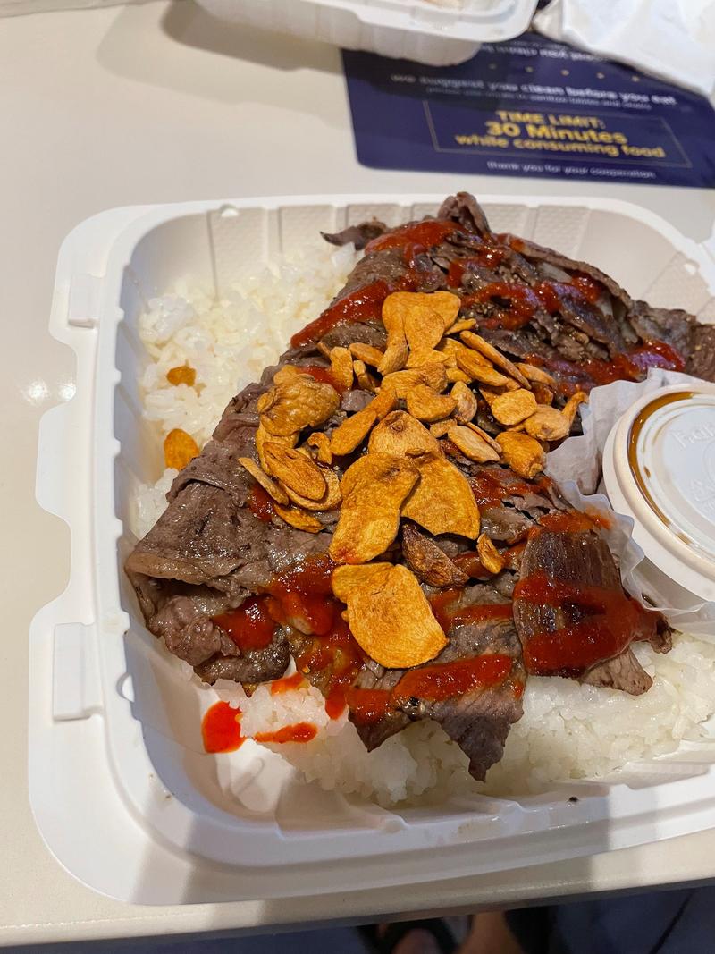 Steak Roll (sliced ribeye rolled with potatoes with ponzu sauce and garlic chips), Teppanyaki Farmer, Ala Moana Center, Oahu, Hawaii. We loved this meal so much we got it twice and could have eaten it much more.