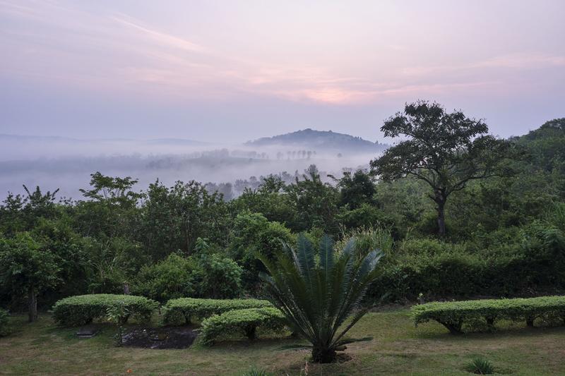 Landscape view from our grass-topped hut at Chimpanzee Lodge, Uganda