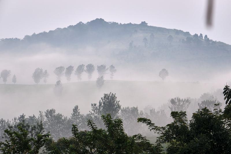 Landscape view from our grass-topped hut at Chimpanzee Lodge, Uganda