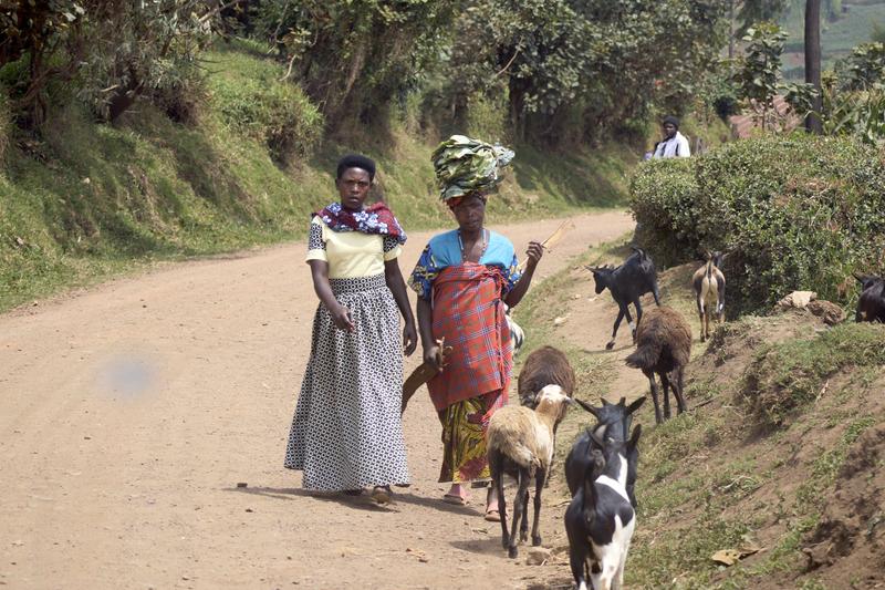 Women walking along the street, one carrying a bundle on their head, Uganda