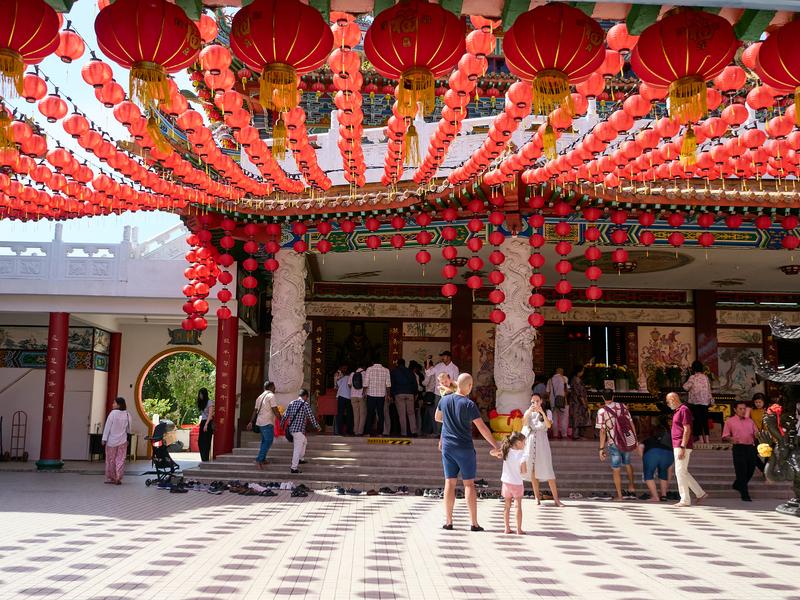 Thean Hou Temple, lanterns and shadows with people zoomed in, Kuala Lumpur, Malaysia