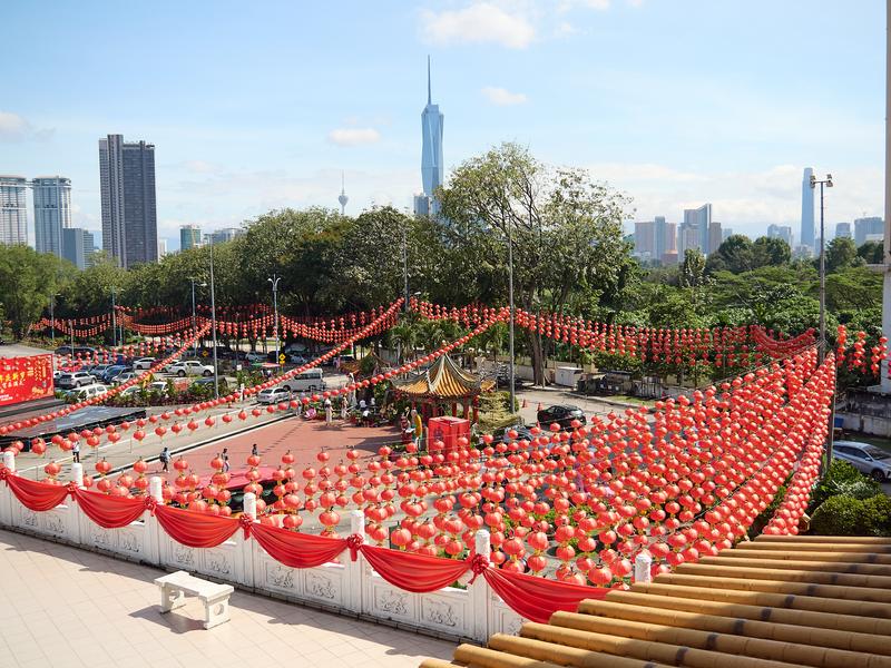 Thean Hou Temple, lanterns and cityscape, Kuala Lumpur, Malaysia