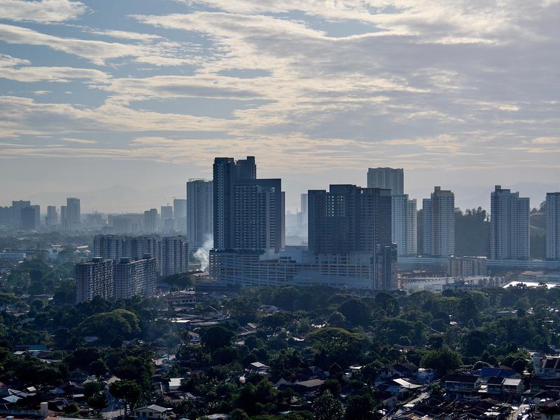 Zoomed in view of the city from the first stop at Kek Lok Si Temple, Penang, Malaysia