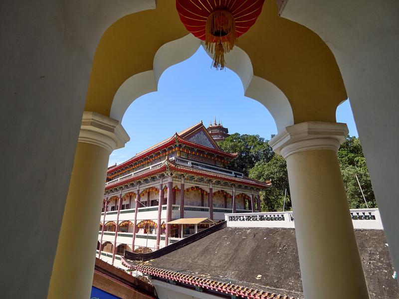 Temple details through pagoda arch, Kek Lok Si Temple, Penang, Malaysia