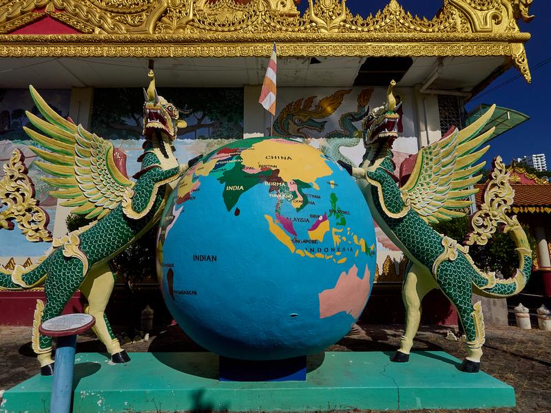 Globe statue with dragons, around the template grounds, Burmese Buddhist Temple, Penang, Malaysia