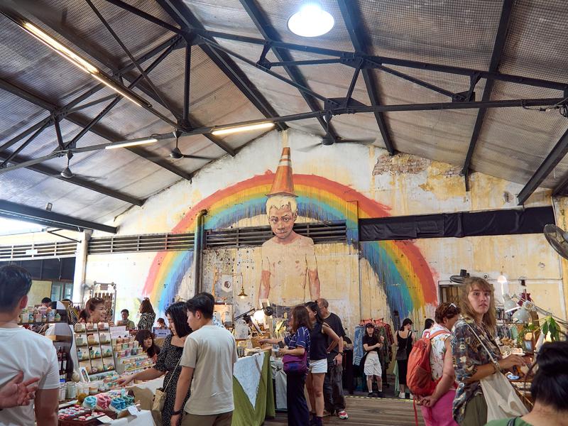 Hin Bus Depot Market and rainbow boy mural, Penang, Malaysia