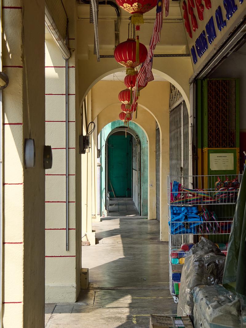 Colorful street awning with wonderful light, texture and shadows, Penang, Malaysia